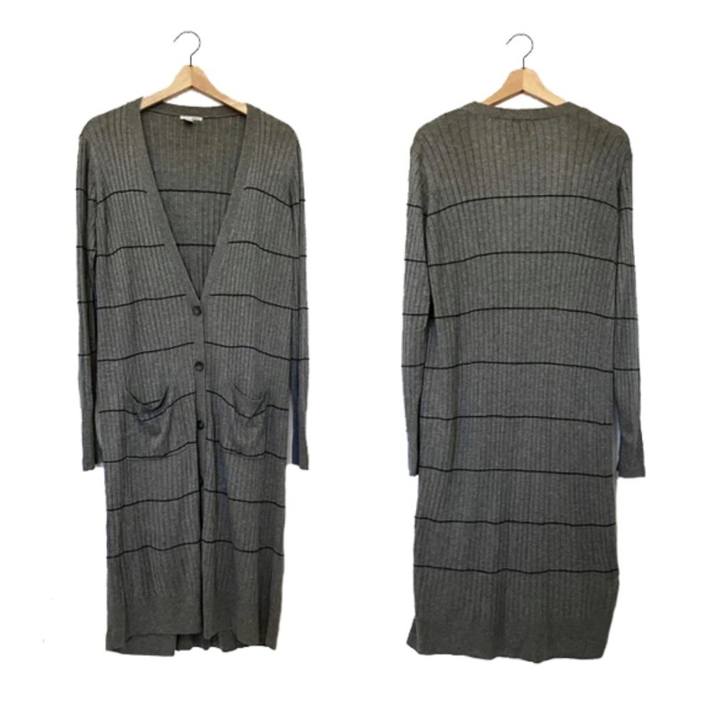 halogen | gray stripes rib-knit sweater dress calf length duster long cardigan